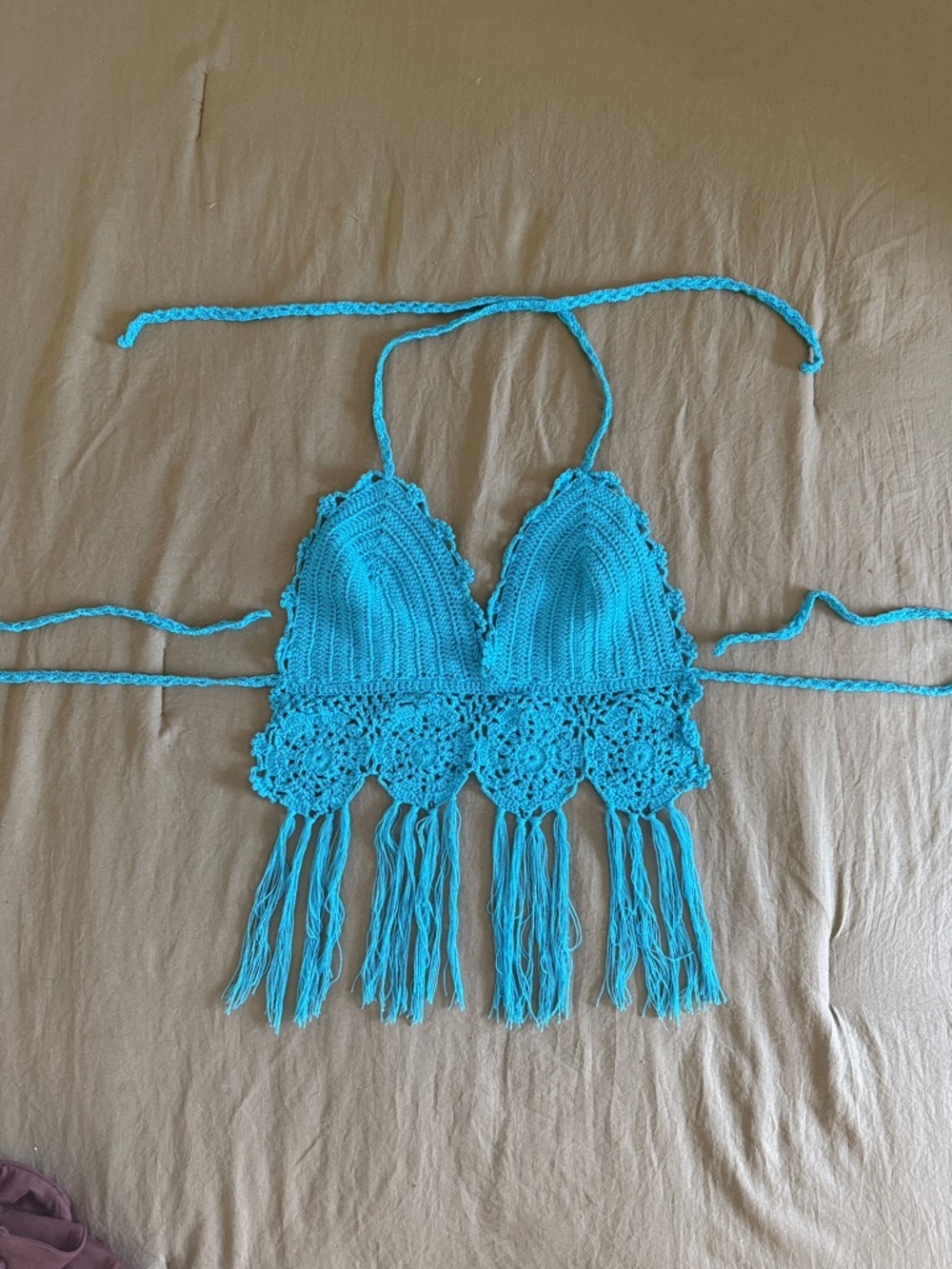 Blue Crochet Fringe Halter Crop Top